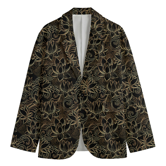 Black And Gold Lotus Pattern Print Men's Cotton Blazer