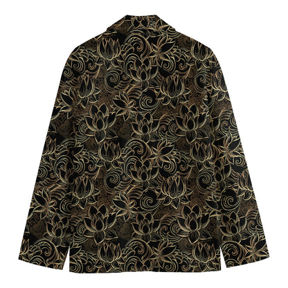 Black And Gold Lotus Pattern Print Men's Cotton Blazer
