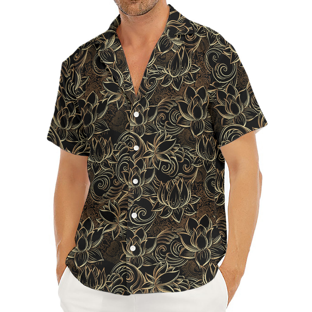Black And Gold Lotus Pattern Print Men's Deep V-Neck Shirt