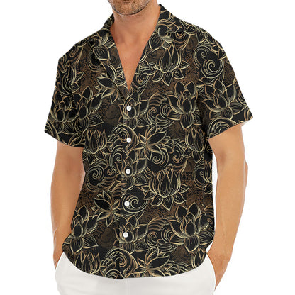 Black And Gold Lotus Pattern Print Men's Deep V-Neck Shirt