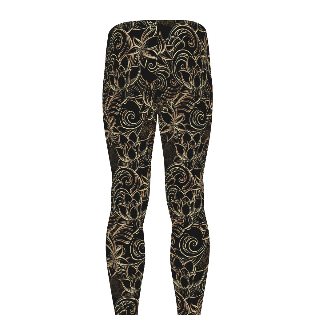 Black And Gold Lotus Pattern Print Men's leggings