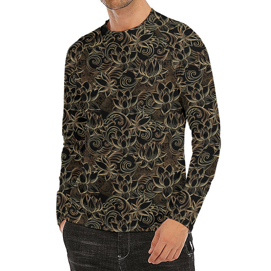 Black And Gold Lotus Pattern Print Men's Long Sleeve Rash Guard