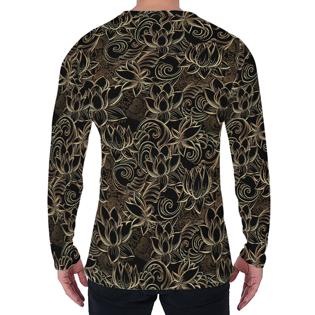Black And Gold Lotus Pattern Print Men's Long Sleeve T-Shirt