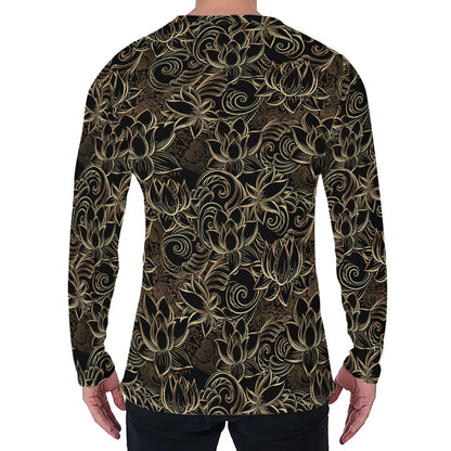 Black And Gold Lotus Pattern Print Men's Long Sleeve T-Shirt