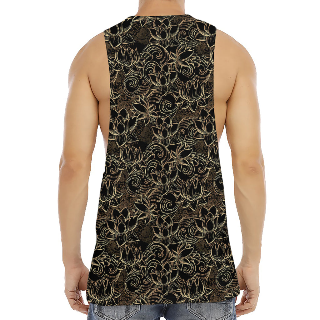 Black And Gold Lotus Pattern Print Men's Muscle Tank Top