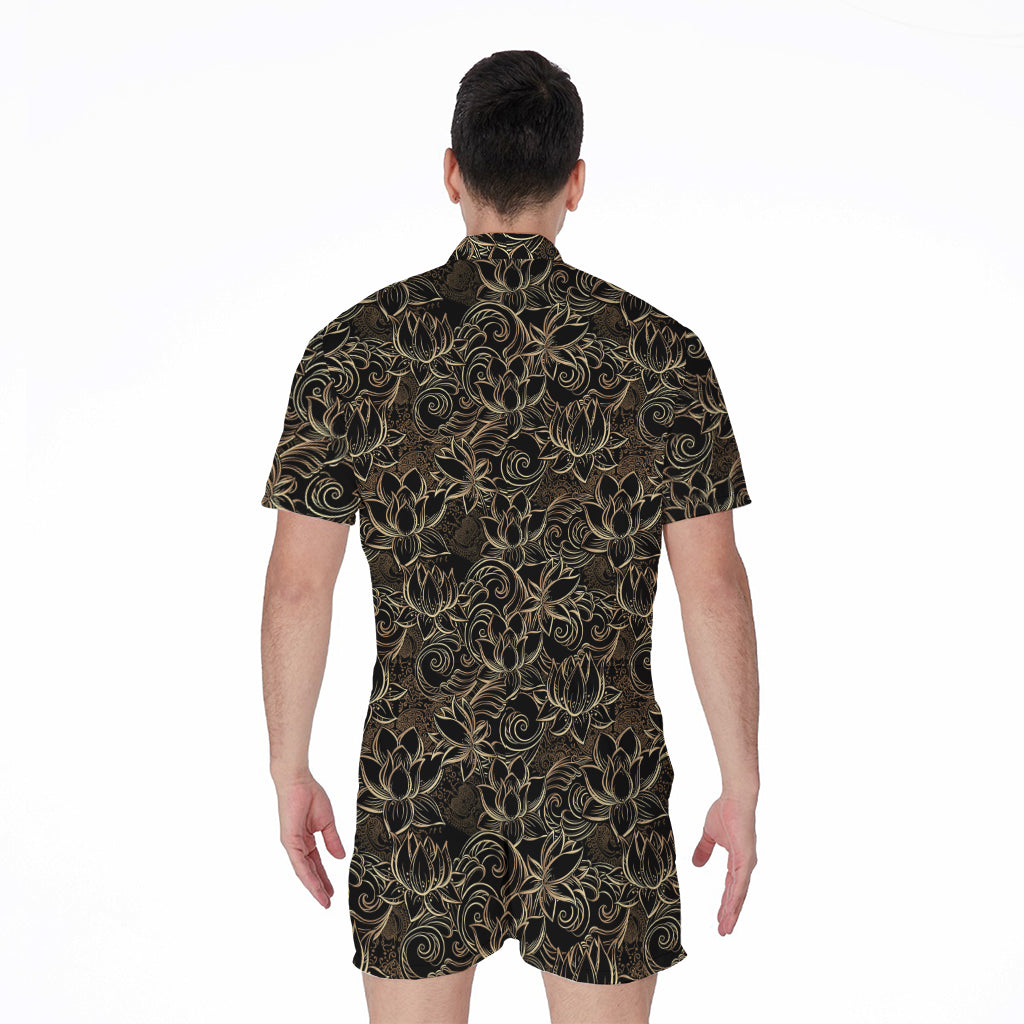 Black And Gold Lotus Pattern Print Men's Rompers
