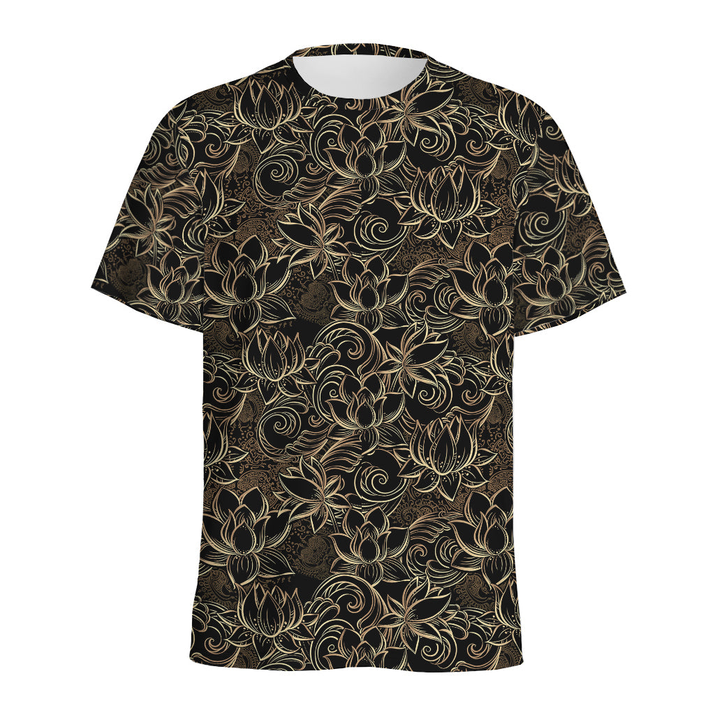 Black And Gold Lotus Pattern Print Men's Sports T-Shirt