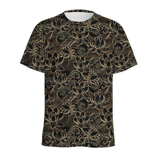 Black And Gold Lotus Pattern Print Men's Sports T-Shirt