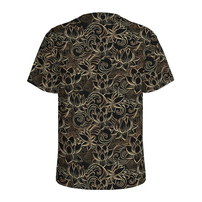 Black And Gold Lotus Pattern Print Men's Sports T-Shirt