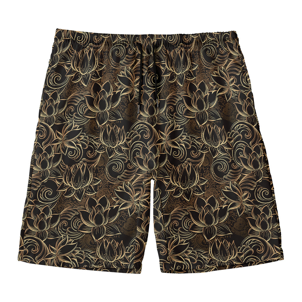 Black And Gold Lotus Pattern Print Men's Swim Trunks