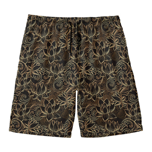 Black And Gold Lotus Pattern Print Men's Swim Trunks