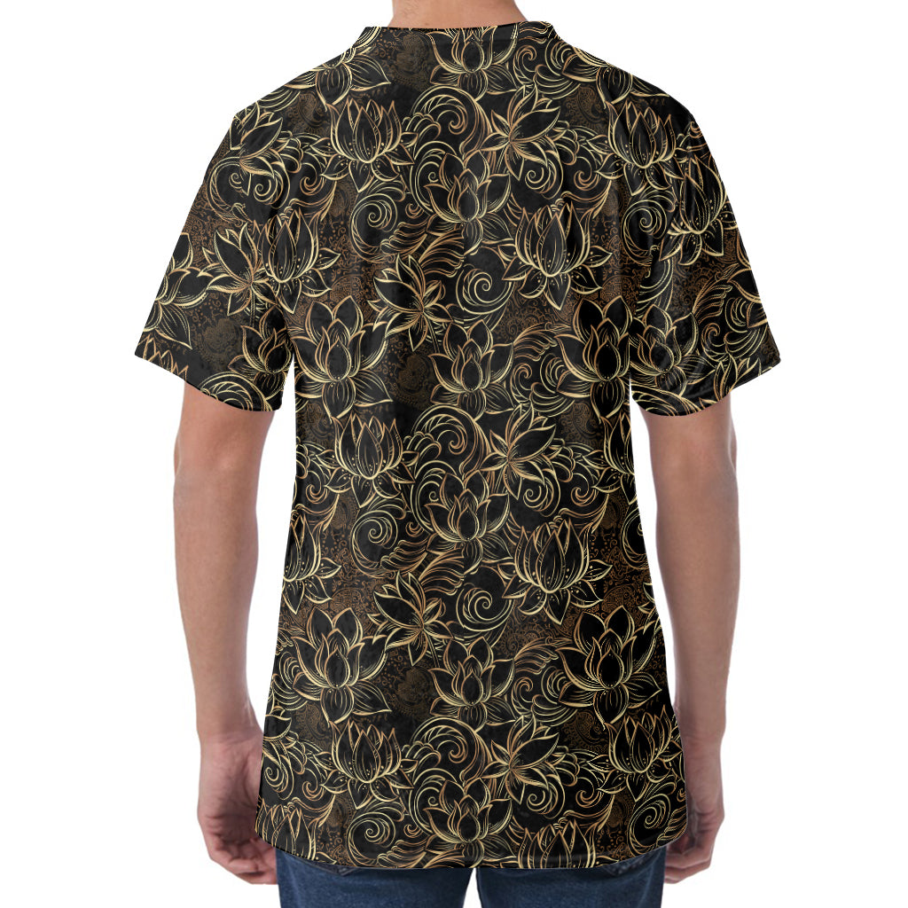 Black And Gold Lotus Pattern Print Men's Velvet T-Shirt