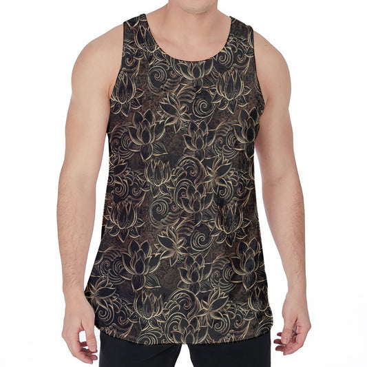 Black And Gold Lotus Pattern Print Men's Velvet Tank Top