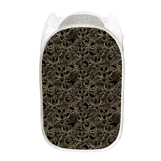 Black And Gold Lotus Pattern Print Mesh Laundry Hamper
