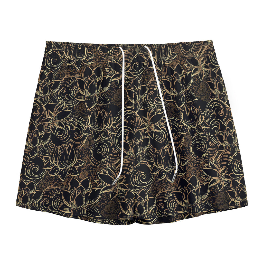 Black And Gold Lotus Pattern Print Mesh Shorts