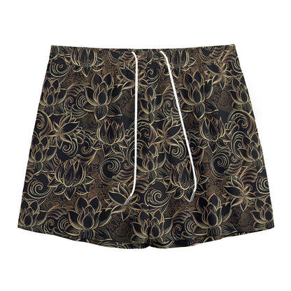 Black And Gold Lotus Pattern Print Mesh Shorts