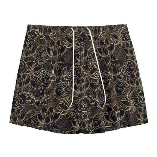 Black And Gold Lotus Pattern Print Mesh Shorts