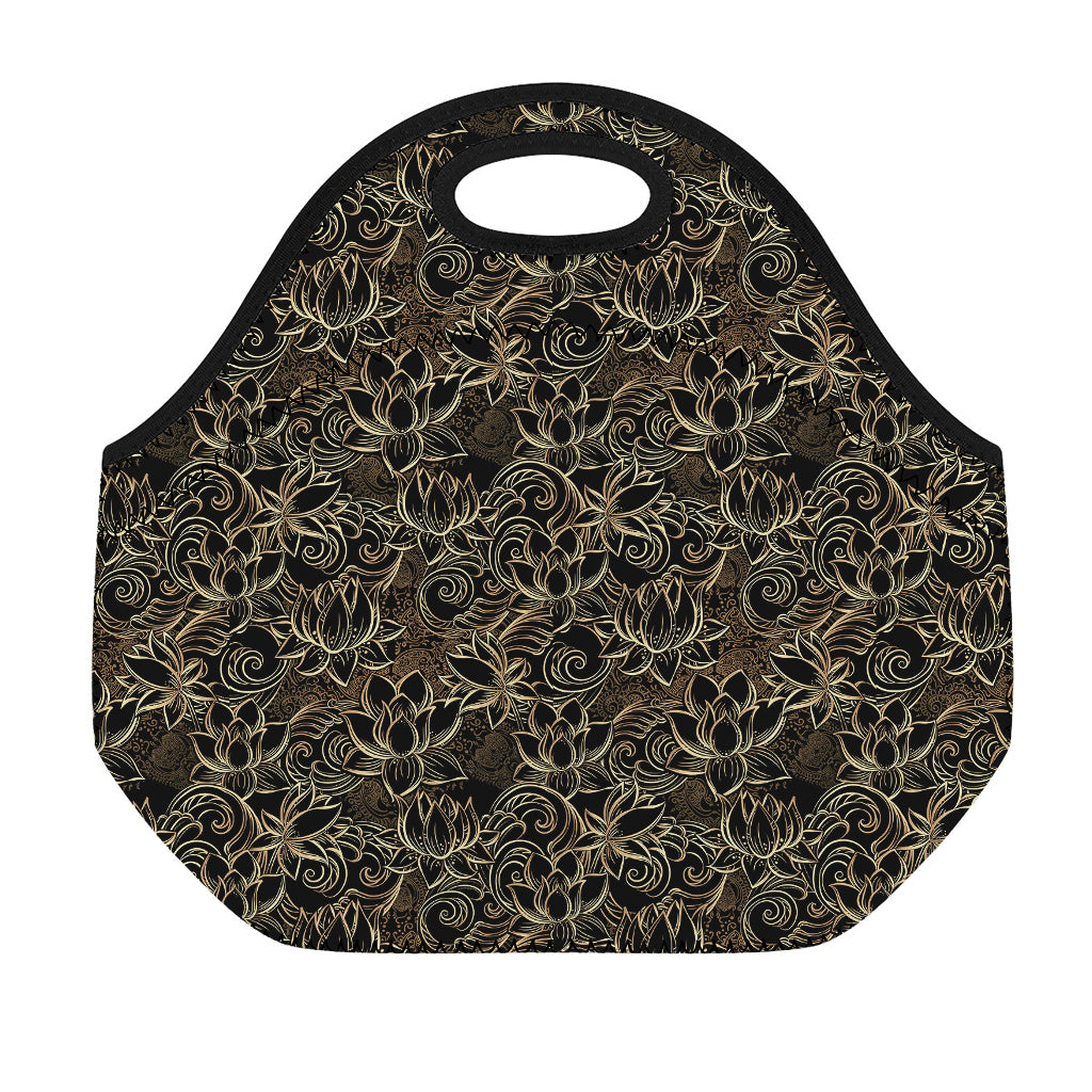 Black And Gold Lotus Pattern Print Neoprene Lunch Bag