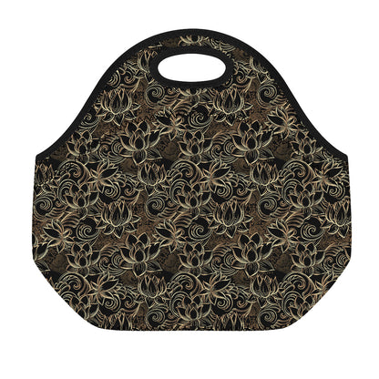 Black And Gold Lotus Pattern Print Neoprene Lunch Bag