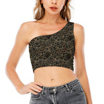 Black And Gold Lotus Pattern Print One Shoulder Crop Top