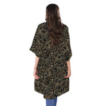 Black And Gold Lotus Pattern Print Open Front Beach Cover Up