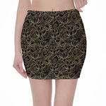 Black And Gold Lotus Pattern Print Pencil Mini Skirt