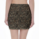Black And Gold Lotus Pattern Print Pencil Mini Skirt