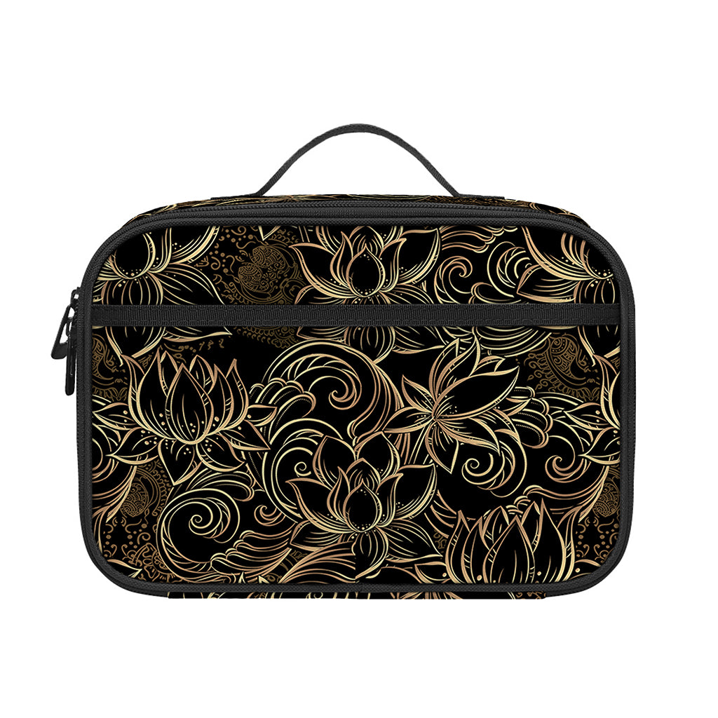 Black And Gold Lotus Pattern Print Portable Lunch Bag