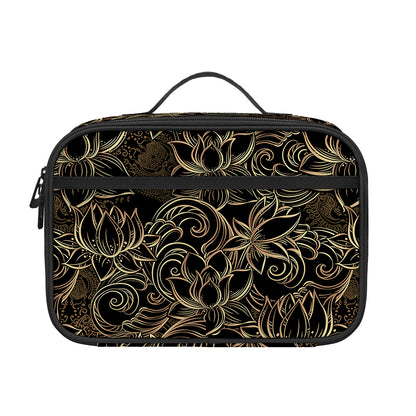 Black And Gold Lotus Pattern Print Portable Lunch Bag