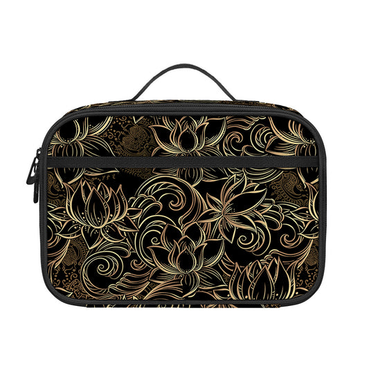 Black And Gold Lotus Pattern Print Portable Lunch Bag