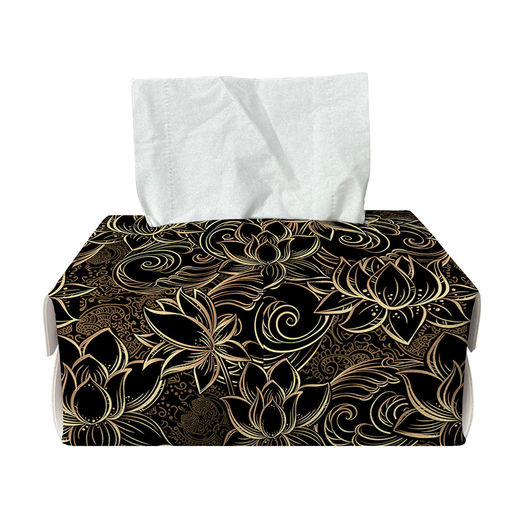 Black And Gold Lotus Pattern Print Rectangle Tissue Box Cover