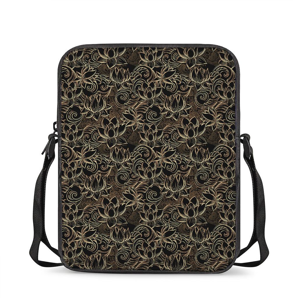 Black And Gold Lotus Pattern Print Rectangular Crossbody Bag