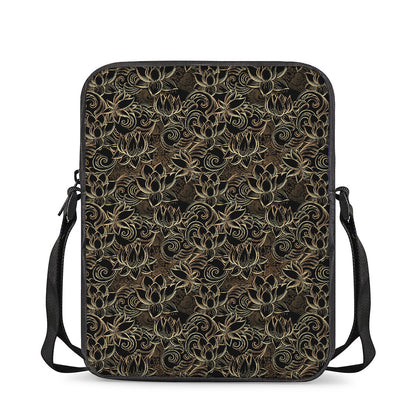 Black And Gold Lotus Pattern Print Rectangular Crossbody Bag
