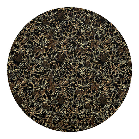 Black And Gold Lotus Pattern Print Round Blanket