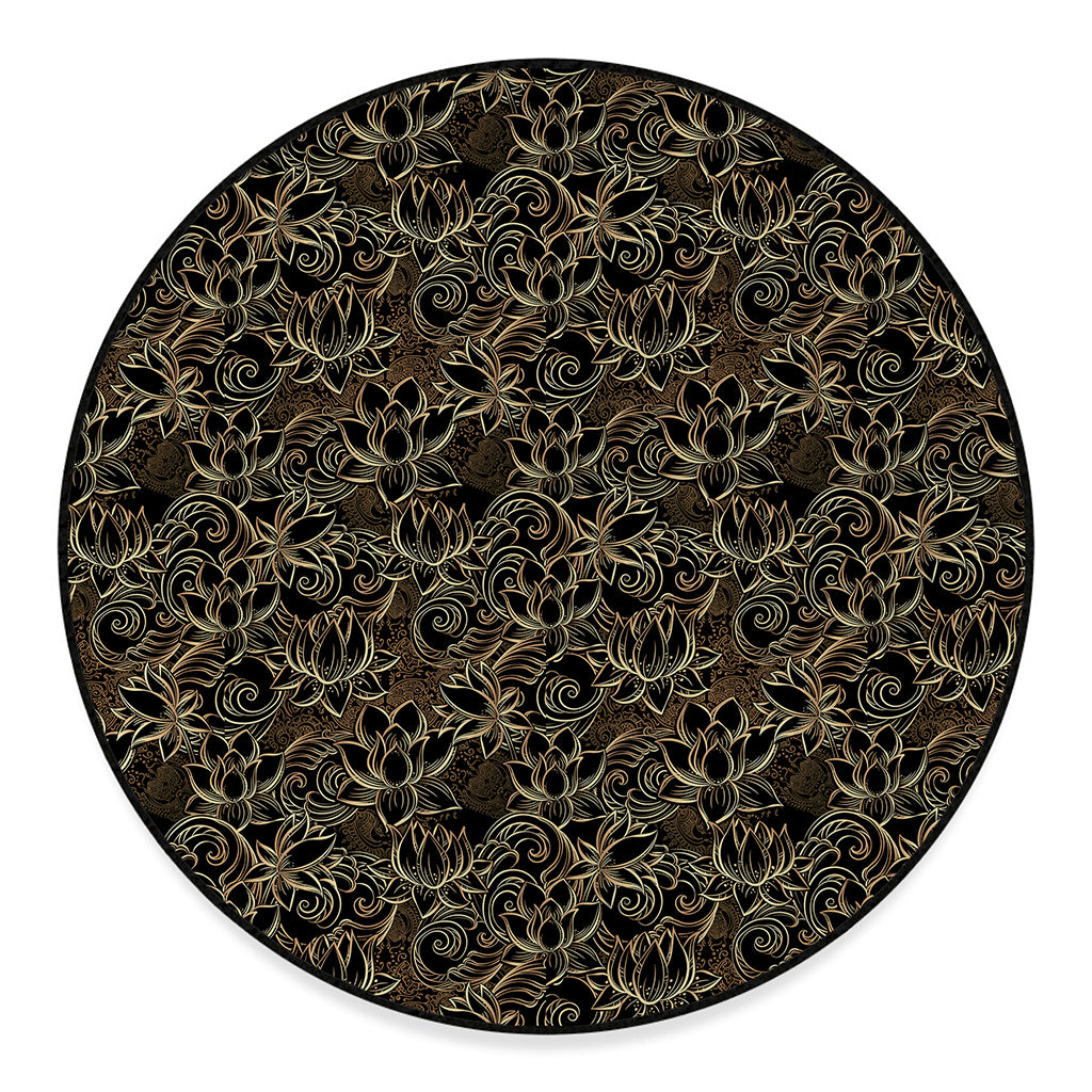 Black And Gold Lotus Pattern Print Round Floor Mat