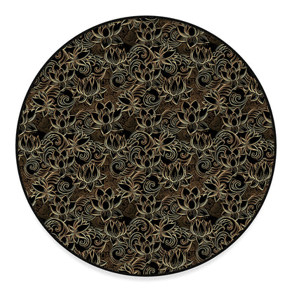 Black And Gold Lotus Pattern Print Round Floor Mat