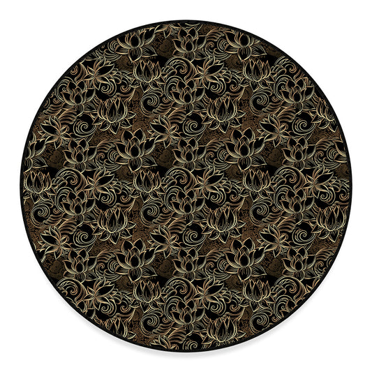Black And Gold Lotus Pattern Print Round Floor Mat