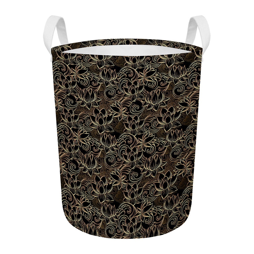 Black And Gold Lotus Pattern Print Round Laundry Basket