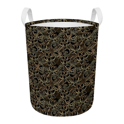 Black And Gold Lotus Pattern Print Round Laundry Basket