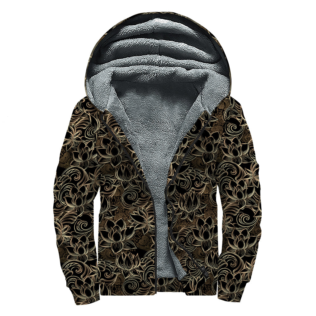 Black And Gold Lotus Pattern Print Sherpa Lined Zip Up Hoodie