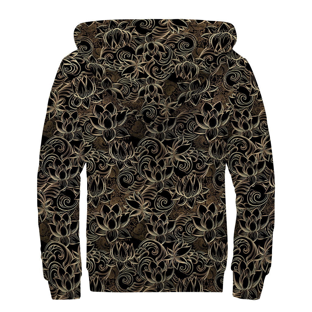 Black And Gold Lotus Pattern Print Sherpa Lined Zip Up Hoodie