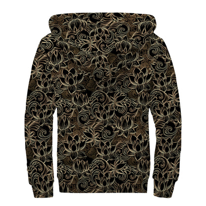 Black And Gold Lotus Pattern Print Sherpa Lined Zip Up Hoodie