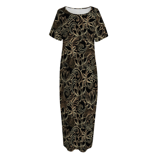 Black And Gold Lotus Pattern Print Short Sleeve Long Nightdress