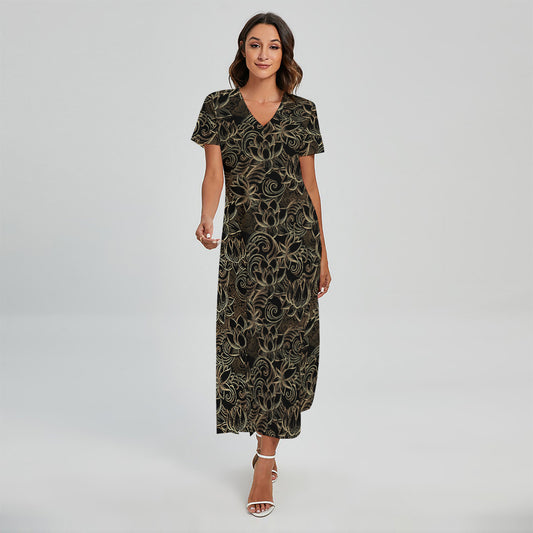 Black And Gold Lotus Pattern Print Short Sleeve Maxi Dress