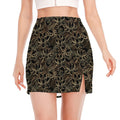 Black And Gold Lotus Pattern Print Side Slit Mini Skirt