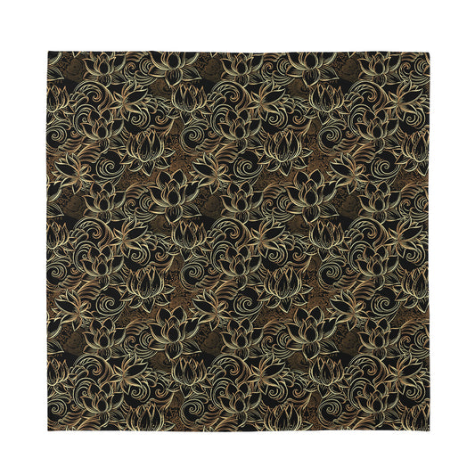 Black And Gold Lotus Pattern Print Silk Bandana