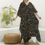 Black And Gold Lotus Pattern Print Silk V-Neck Kaftan Dress