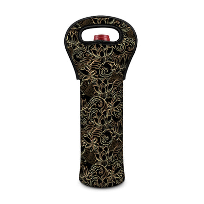 Black And Gold Lotus Pattern Print Single Neoprene Wine Tote