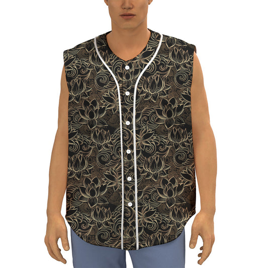 Black And Gold Lotus Pattern Print Sleeveless Baseball Jersey