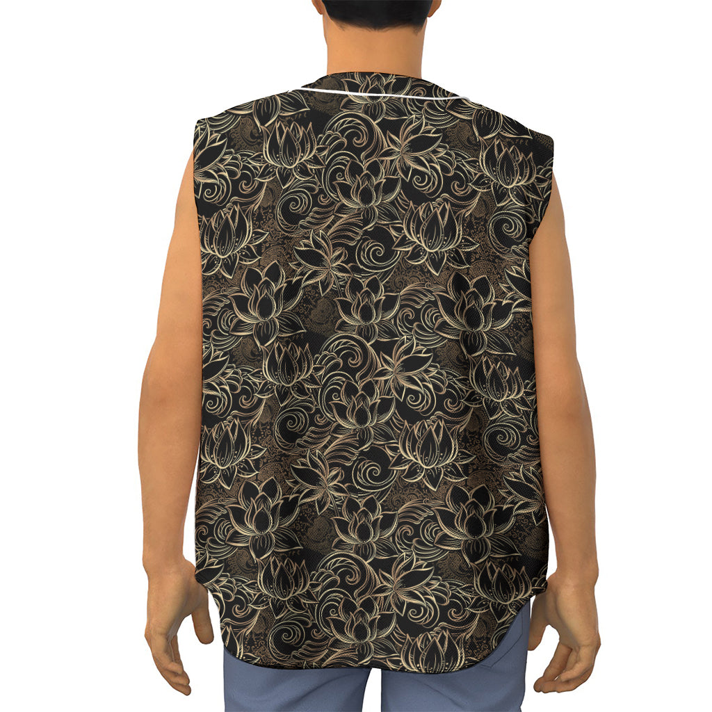 Black And Gold Lotus Pattern Print Sleeveless Baseball Jersey